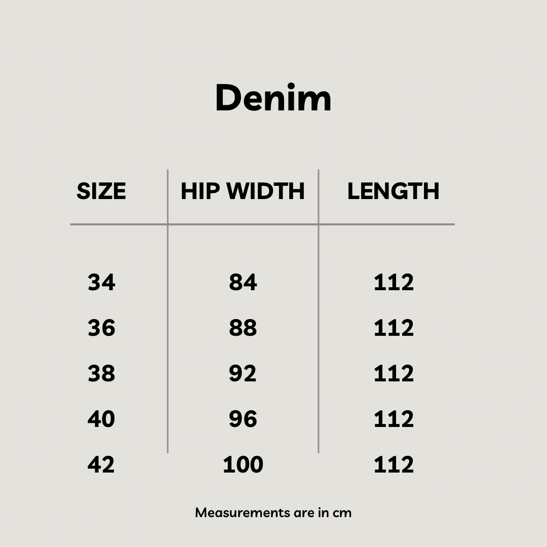 Size chart for Relaxed Wide Denim in Midnight Navy