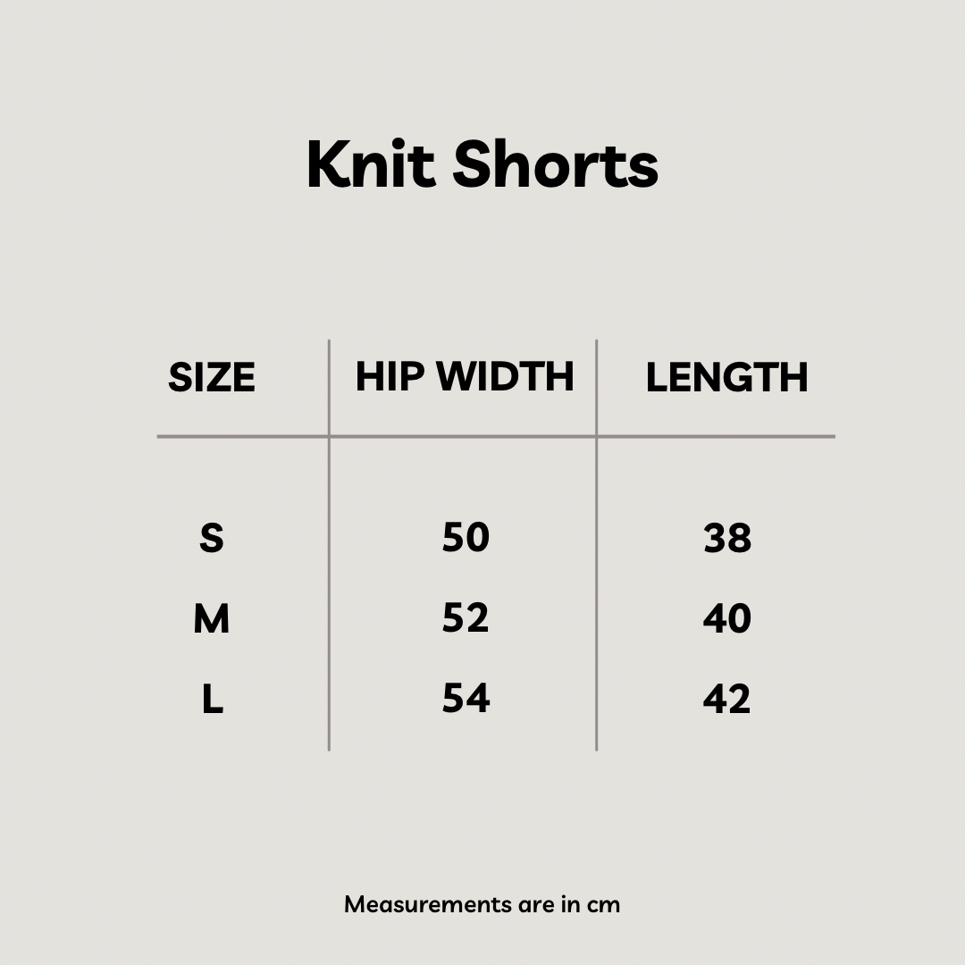 Size chart for Yacht Knit Shorts